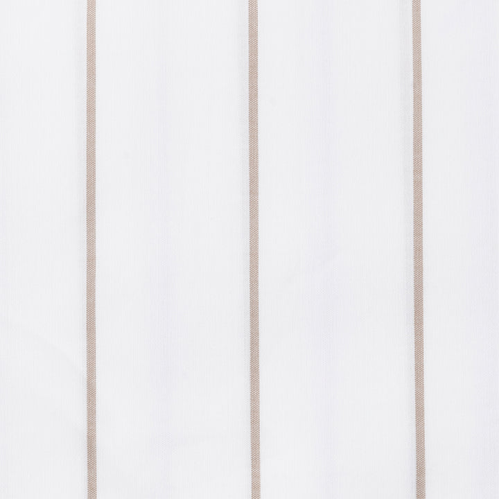 Close-up of Matouk Amalfi white fabric with vertical Dune stripes.