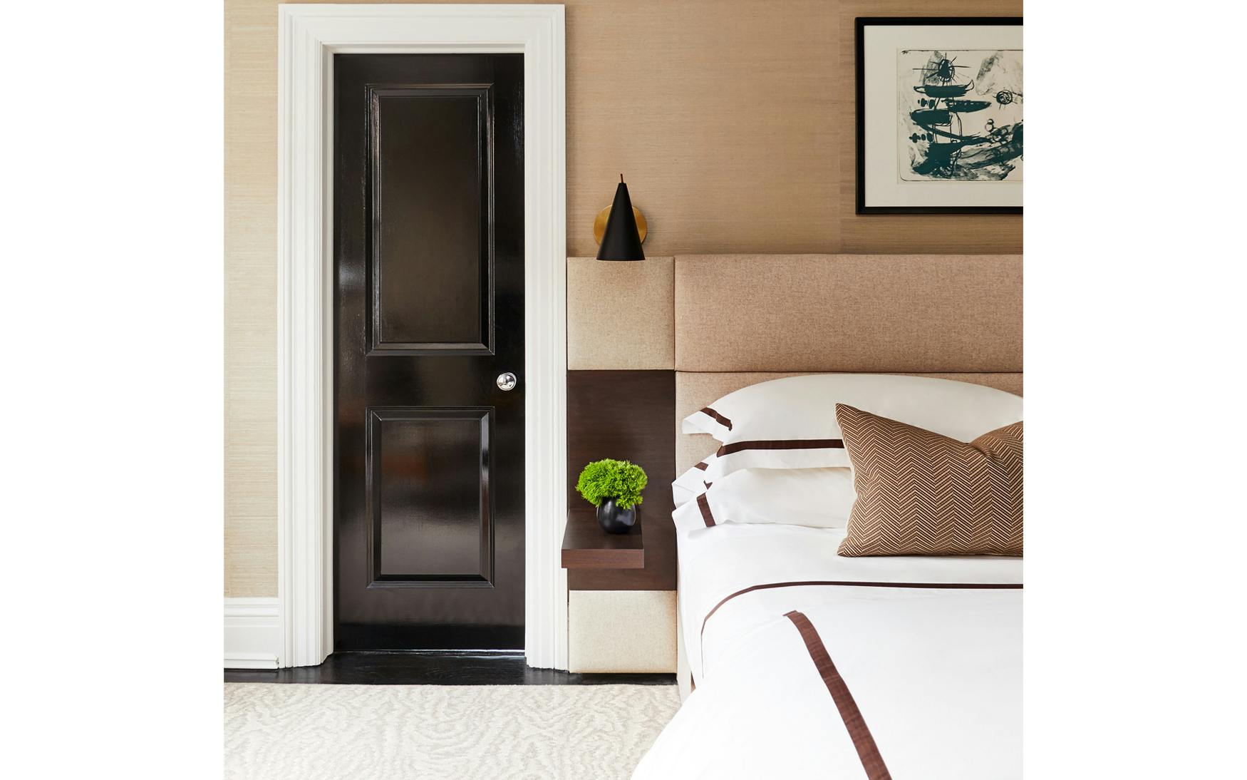 Matouk Lowell Bedding in Sable on Luxurious Bed in New York Apartment