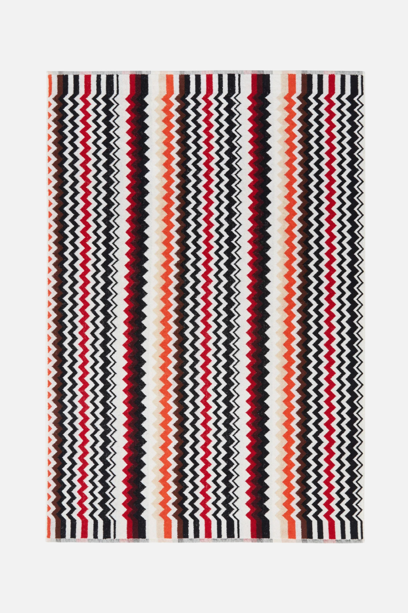 Best 156 bath sheet striped pattern with red, black, orange, cream and white on a white background