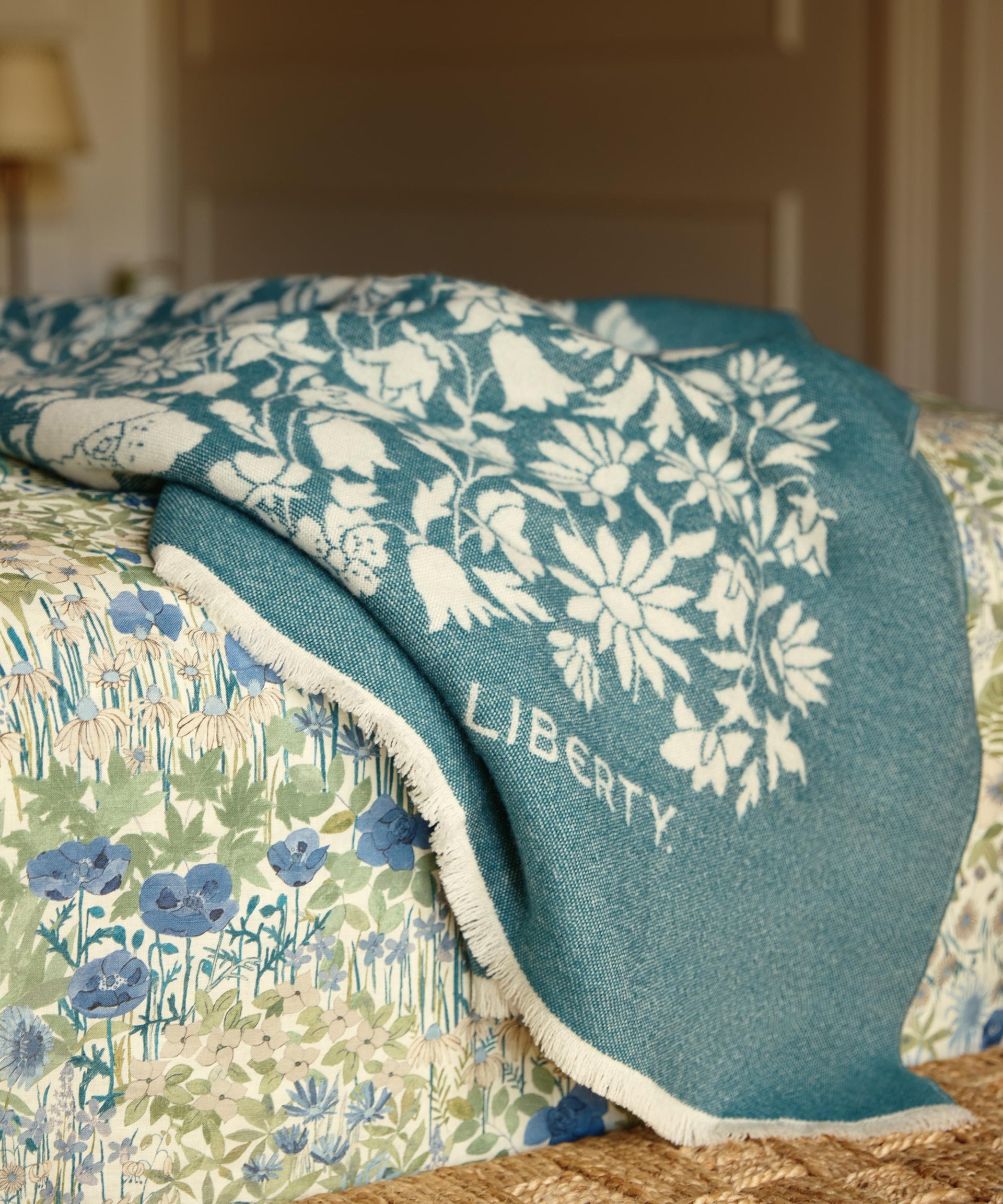 Poppy Dawn Wool Throw Teal Liberty London