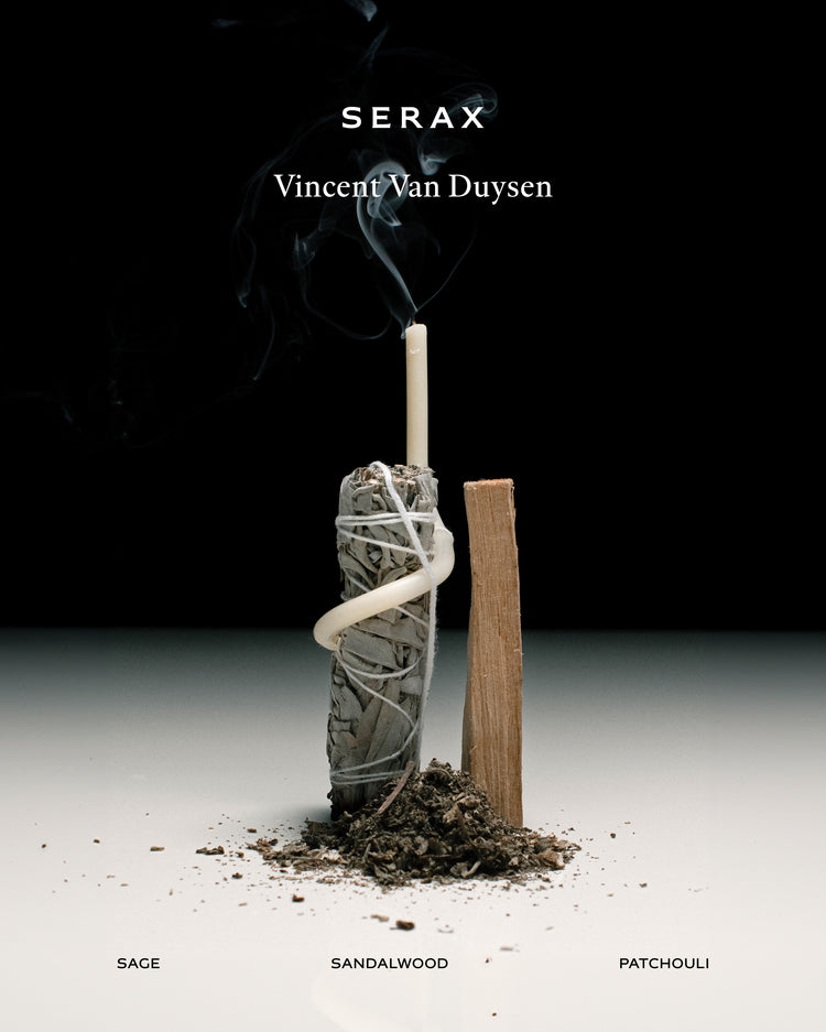 Product packaging with a stick and incense, featuring the brand 'Serax' and scents 'Sage', 'Sandalwood', and 'Patchouli'.