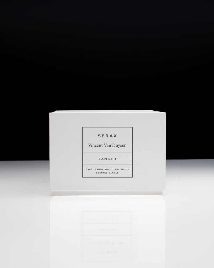 Serax Vincent Van Duysen candle packaging on a white surface with a black background