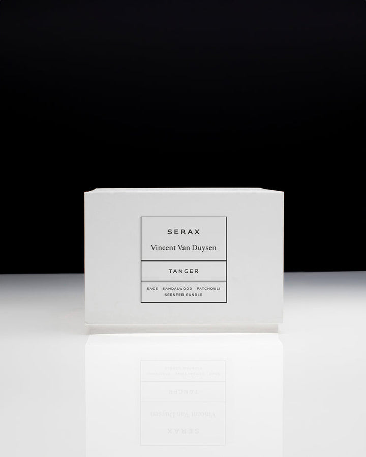Serax Vincent Van Duysen candle packaging on a white surface with a black background