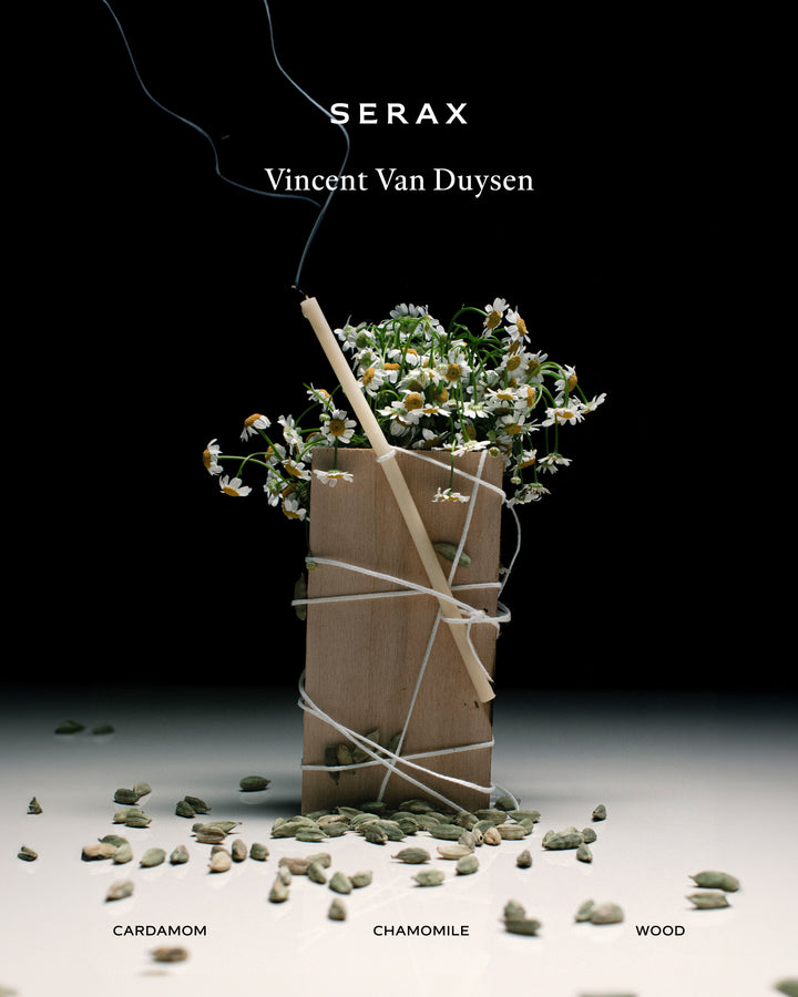 Product packaging with flowers and text 'Serax Vincent Van Duysen' on a dark background