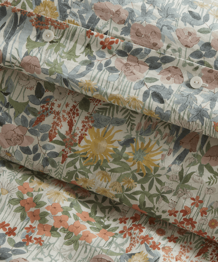 Close up of the floral Liberty London Faria duvet cover with button closure