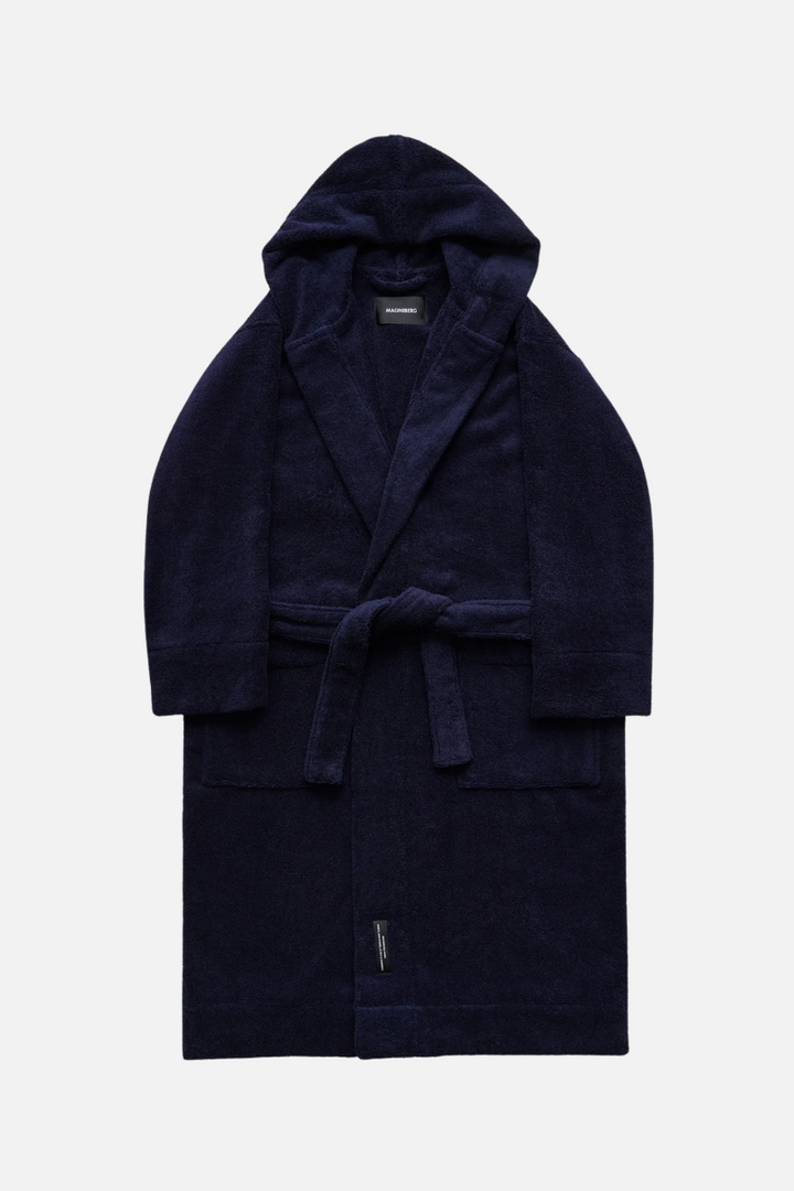 Sloe blue bathrobe with hood on a white background