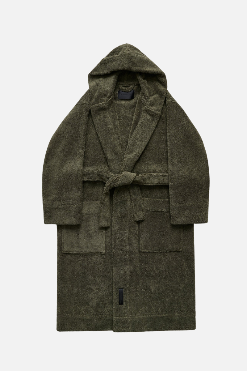 Olive green hooded bathrobe on a white background