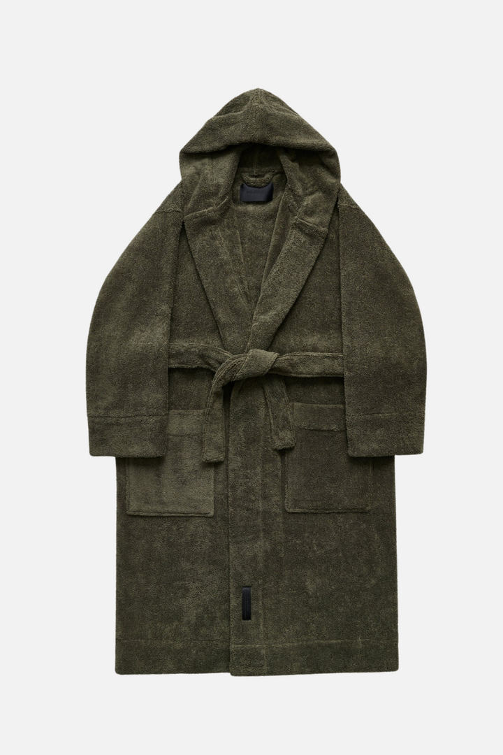 Olive green hooded bathrobe on a white background